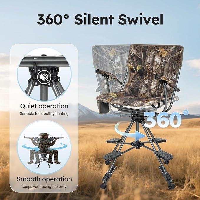 LET'S CAMP Folding Hunting Chair for Blinds 360 Degree Silent Swivel, 330LBS Capacity Portable Padded Cushion Hunting Seat with Armrest, 4 Legs Adjustable Height, Shoulder Strap, Cup Holder-CAMO