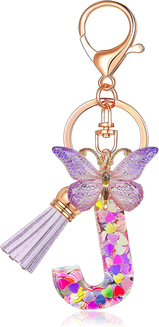 JINGUAZI Initial letter Keychains for Women Tassel Butterfly Pink Purple Cute Car Keychain for Wallet Backpack bag charm