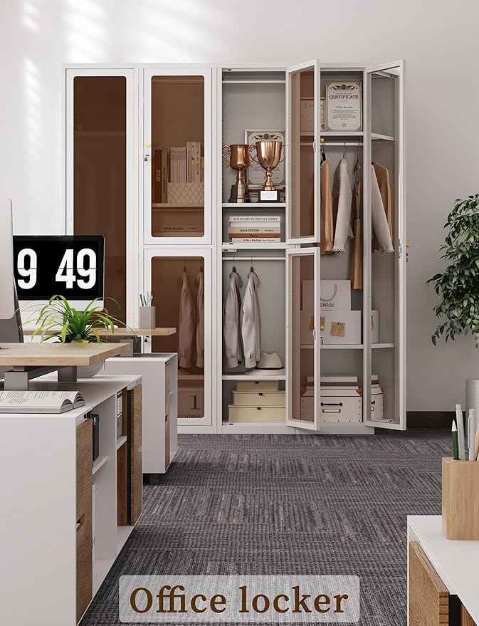 Tall Metal Locker 0rganizer for Employees with Lock, 72.83" H Amber Glass Door Cabinet with Mirror,Lockable Lifetime Locker for Home, Office, Gym, School, Garage (Single Door, White)