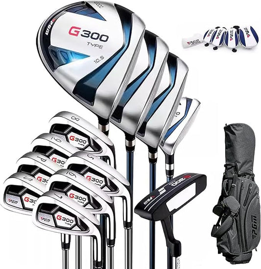 PGM 18 Pieces Men’s Golf Club Set 12pcs Clubs – Titanium #1 Driver, Draw-Biased Hybrid, High-Strength Irons, Forgiving Putter, Stand Bag with 5 Head Covers