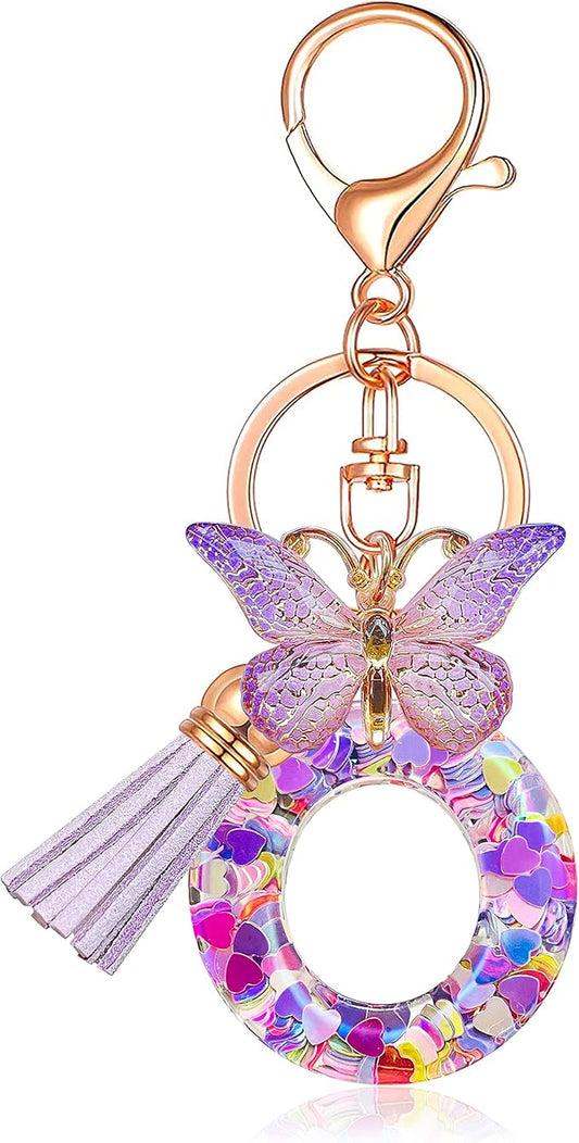 JINGUAZI Initial letter Keychains for Women Tassel Butterfly Pink Purple Cute Car Keychain for Wallet Backpack bag charm