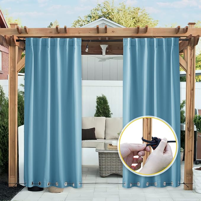 NICETOWN 2 PCs Outdoor Curtains Waterproof Fixed Bottom W52xL95 Teal Blue | - Image 2