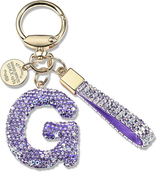 Pink Blue White Initial Letter Keychain Gift for Women Girls Bling Sparkly Cute Backpack Car Key Accessories Lanyard