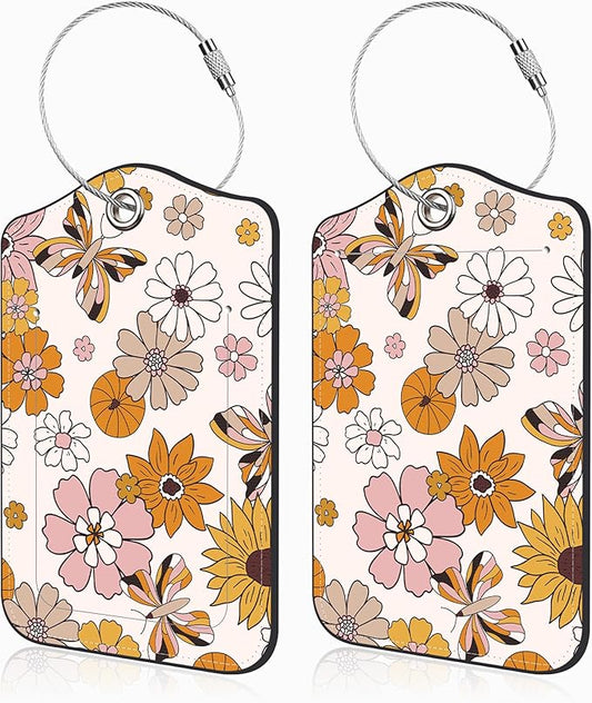 2 Pack Luggage Tags for Suitcases Retro Groovy Flowers and Butterfly Leather Luggage Tags Privacy Cover ID Label with Stainless Steel Loop and Address Card for Women Men Travel Bag Backpack