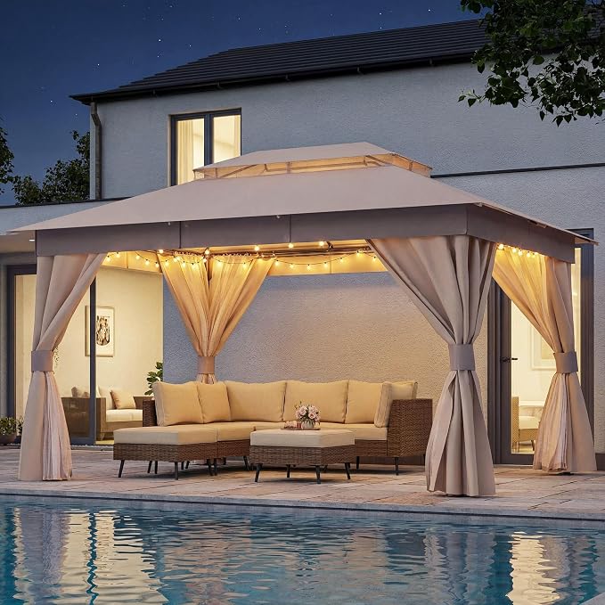 10'x13' Outdoor Gazebo with 50FT String Lights, Metal Heavy Duty Patio Canopy by LAUSAINTHOME