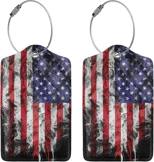 2 Pack American Flag Luggage Tags for Suitcases USA Cool Leather Luggage Tag for Travel Bag Tag Privacy Name ID Card Bag Labels for Friends Adults Kids Tourists