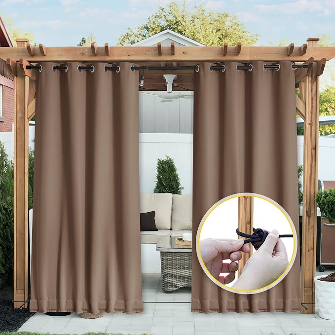 NICETOWN 2 PCs Outdoor Curtains Waterproof Fixed Bottom W52xL95 Tan | Thermal - Image 8
