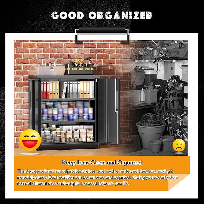 Greenvelly Metal Garage Cabinet, 36" H Locking Metal Storage Cabinet with 2 Doors and Adjustable Shelves, Black Steel File cabinets for Home Office, Garage and Utility Room (32" W x 16" D)