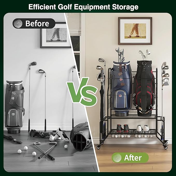 2 Golf Bag Storage Organizer Stand for Garage Heavy Duty Metal Golf Bags Storage Rack with Wheels Wave Club Holder 2 Drawers & Shoe Rack for Home Basement Shed