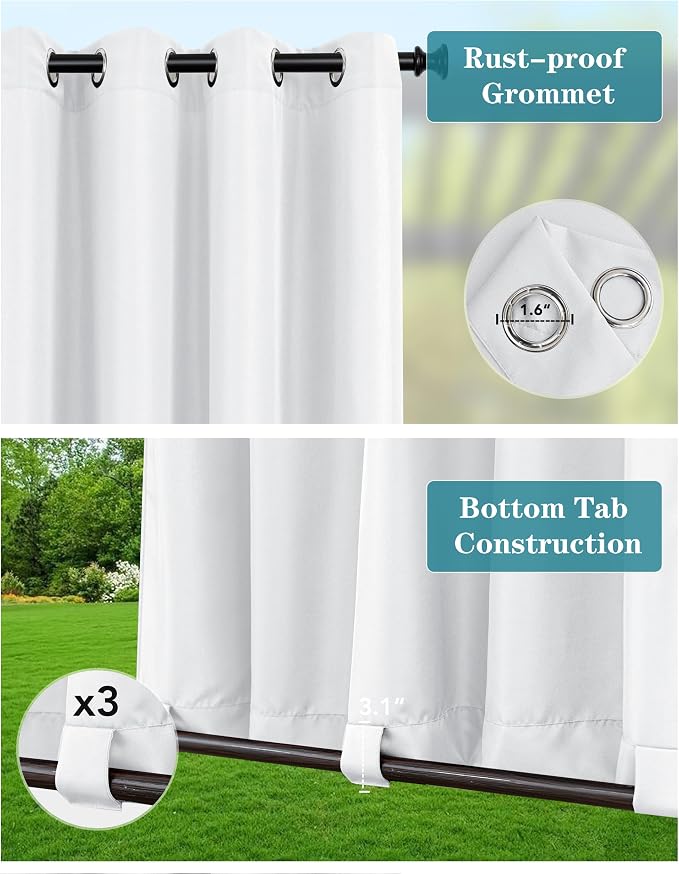 Windproof Outdoor Curtains for Patio Waterproof 4 Pcs 54x108 In White | Grommet - Image 2