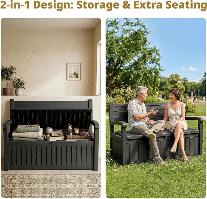EFU Outdoor Bench Storage Deck Box, 100 Gallon Waterproof Wicker Patio - Image 2