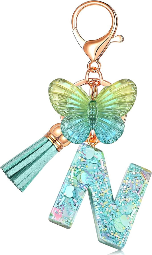 JINGUAZI Initial letter Keychains for Women Tassel Butterfly Pink Purple Cute Car Keychain for Wallet Backpack bag charm