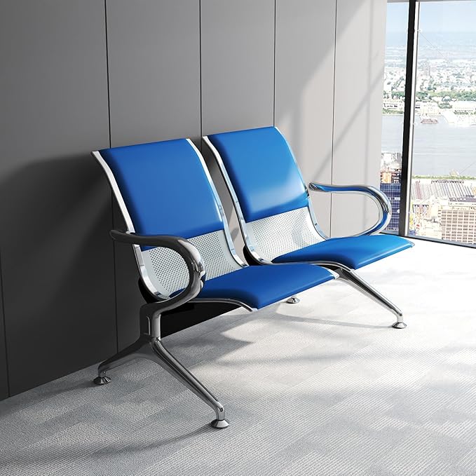 Kinfant 2-Seat PU Leather Waiting Room Bench – Blue Reception Chair for Office, Hospital, Bank, Salon, Airport