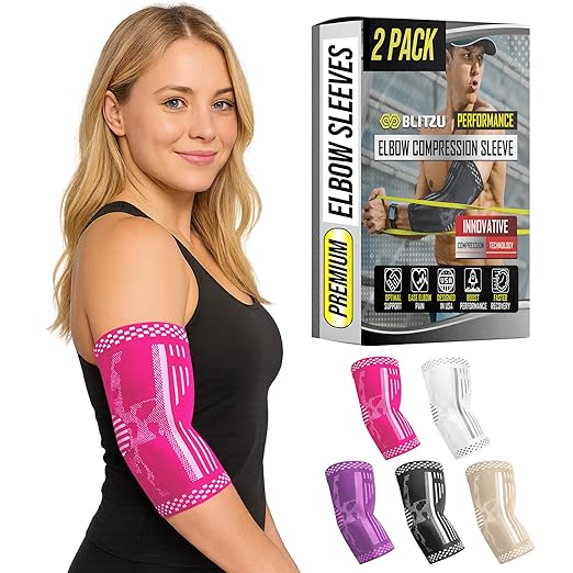 BLITZU Elbow Compression Sleeve for Tendonitis 2 Pack, Tennis Elbow Brace Support for Men and Women Golfers Elbow Pain Relief, Arthritis, Bursitis, Arm Brace for Workout, Weightlifting Pink L