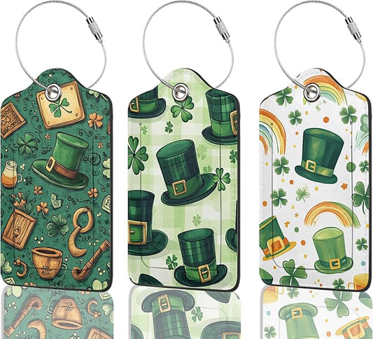 3 Pack Luggage Tag for Suitcase Leather Travel Cruise Luggage Tag with Stainless Steel Loop Name ID Label Privacy Cover for Adults Teens Travel Bag Labels Set (St. Patrick’s Day)