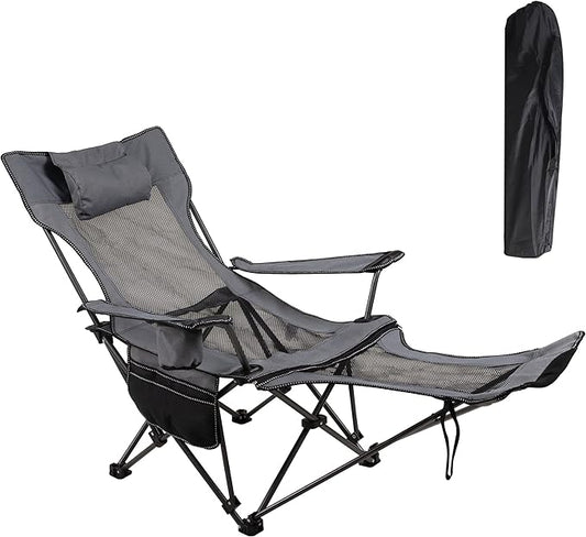 LEADALLWAY Camping Folding Chair with Foot Rest, Collapsible Camp Chair with Cup Holder and Removable Storage Bag, Heavy Duty Beach Chair for Outdoor Camp, Picnic, Travel, Fishing