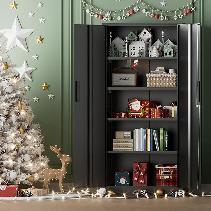 INTERGREAT Metal Storage Cabinet with Lock, 72" H Lockable Metal Storage Cabinet with Locking Doors, Steel Storage Lockers with Adjustable Shelves for Office, Home, Garage, Gym, School (Black)