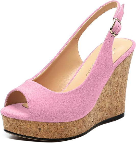 Womens Wedge Platform Sandals Peep Open Toe Slingback Buckle High Heel Dress Shoes Pumps Suede 3.94 Inch