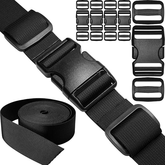 1-1/2 inch Straps Buckles Set: 6 yard Nylon Webbing Strap 1.5" Wide, 5 pack Side Release Plastic Buckle, 10 pcs Tri-glide Slide Clip, Heavy Duty Quick Snap Fasteners Dual Adjustable No Sew Required