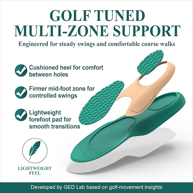 Golf Shoe Insoles for Men - GED Sports Insoles for Arch Support and Athletics - Lightweight, Elastic, Trim to Fit, Increase Stability, Balance, Precision Swings, Reduced Foot Fatigue (US 6-8.5)