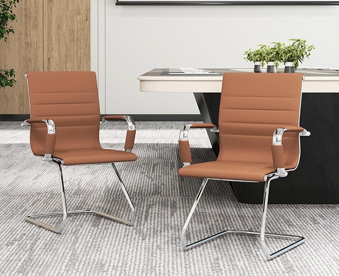 CIMOTA Waiting Room Chairs Leather Office Guest Chair Mid Back Reception Chairs with Sled Base for Meeting/Patient/Conference Room, Brownish Yellow Set of 8