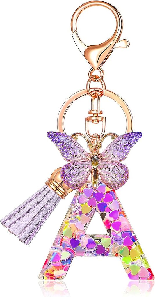 JINGUAZI Initial letter Keychains for Women Tassel Butterfly Pink Purple Cute Car Keychain for Wallet Backpack bag charm