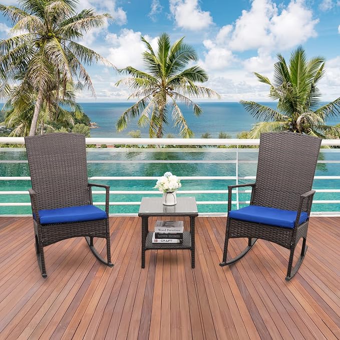 Outdoor PE Wicker Rocking Chair 3-Piece Patio Rattan Bistro Set 2 Rocker - Image 2