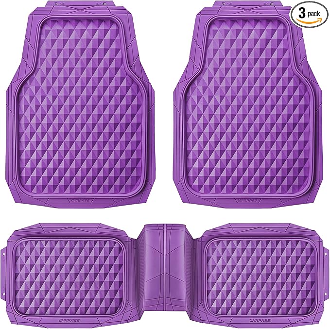CAR PASS Heavy Duty Rubber Car Mats, Deep Dish All-Weather Floor Mat for Car Full Set Durable Anti-Slip 3D Rhombus Waterproof Trim to Fit Liner Universal Fit Automotive,Sedan,SUV,Truck, 3 Pcs Purple