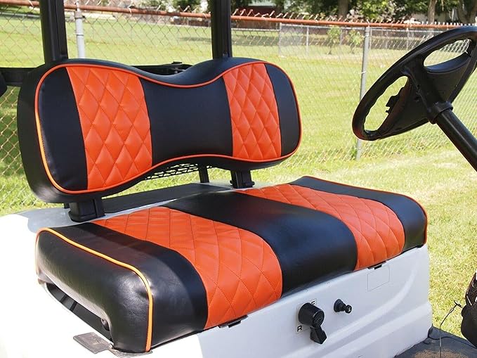 Huskey 4PCS Golf Cart Front/Rear Seat Covers for EZGO Medalist/TXT 94-13 Custom Two-Tone Black/Orange Diamond Stitching with Orange Piping, Marine Grade Vinyl Material, Staple on Design