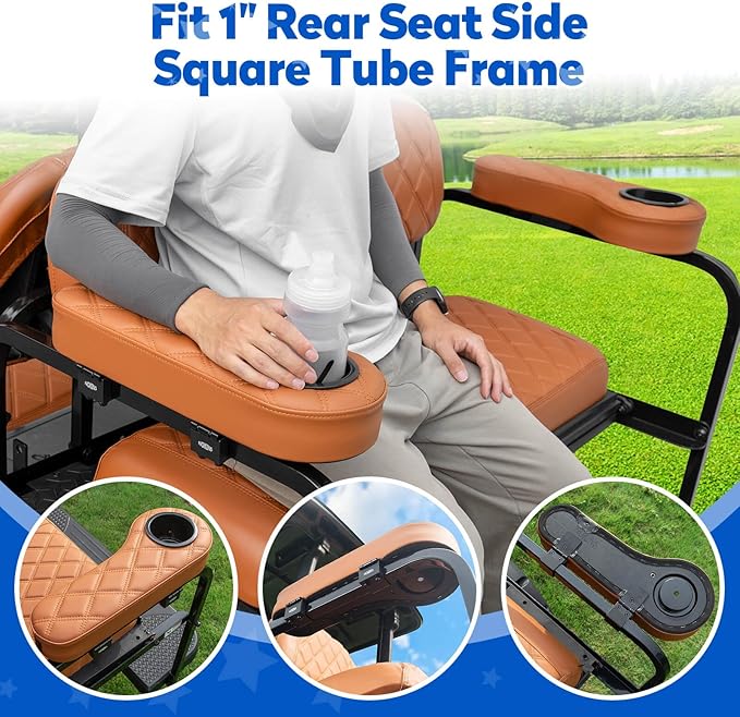 NOKINS Golf Cart Seat Covers for Club Car DS 2000.5-Up, Vinyl Front&Rear Seat Cover with Flip-Up Armrests kit, with Cup Holder, for 1" Square Tube (All Brown)