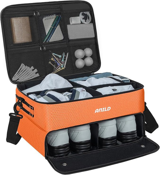 ANILD Golf Trunk Organizer, 2 Layer Golf Storage Case with Separate Ventilated Compartment for 2 Pair Shoes, for Balls, Tees, Clothes, Gloves, Accessories, Golfer Gifts