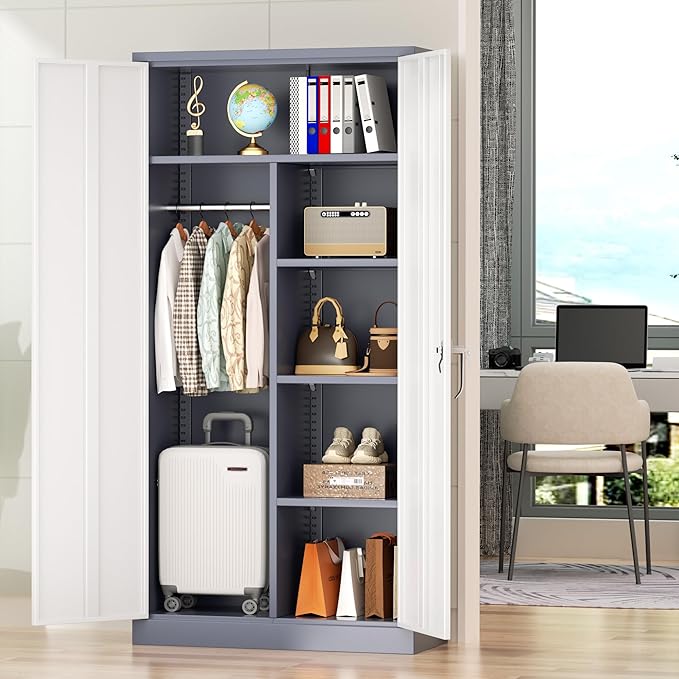 Greenvelly Metal Wardrobe Cabinet with Lock Door, 72" Metal Wardrobe Closet Cabinet with Hanging Rods and Adjustable Shelves, Steel Storage Locker Closet for Home, Office, Employee, Gym (White Grey)