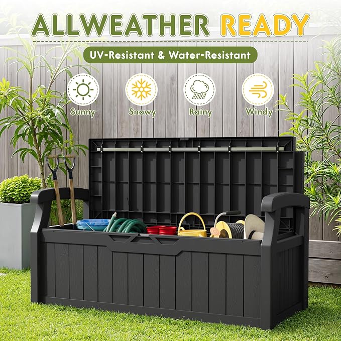 Greesum 80 Gallon Deck Box Storage Bench, Patio Furniture, Dark Black | Lockable - Image 5
