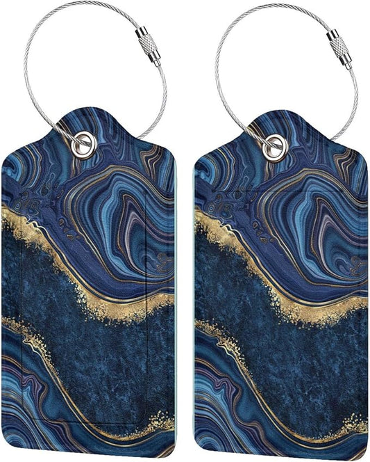 2PC Dark Blue Marble Luggage Tags Leather Suitcase Tag Privacy Name ID Card Quick to Find Out Travel Bag Labels with Stainless Steel Loop for Women Men Chilren Set of 2