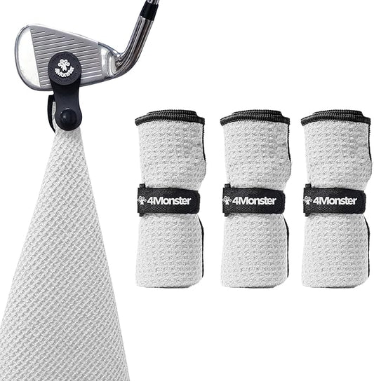 4Monster Golf Towels 3-Pack with Detachable Magnet and Portable Pouch, Quick-Dry Microfiber Golf Towel Set for Golf Bags,Custom Towel Gifts for Men or Women (3, White)