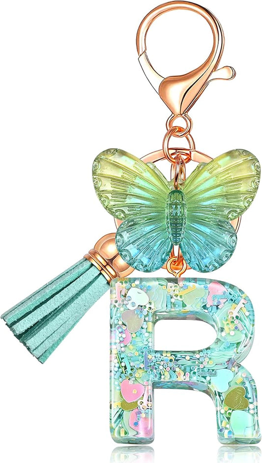 JINGUAZI Initial letter Keychains for Women Tassel Butterfly Pink Purple Cute Car Keychain for Wallet Backpack bag charm