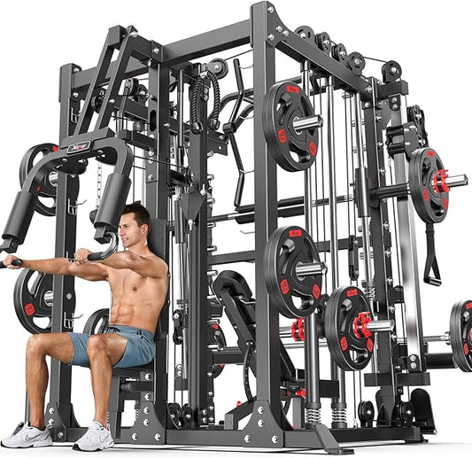 Smith Machine，Multi-Function Squat Rack Power Cage with Cable Crossover System,with Optional Weight Bench, Olympic Barbell Weight Set, for Home Gym