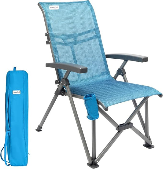SUNNYFEEL 3-Position Recliner High-Back Camping Chair, Heavy Duty 500lbs Folding Chair with Hard Armrests & Cup Holder, Blue Ergonomic Chairs TPEE Breathable Mesh for Outdoor, Camp, Beach, Travel