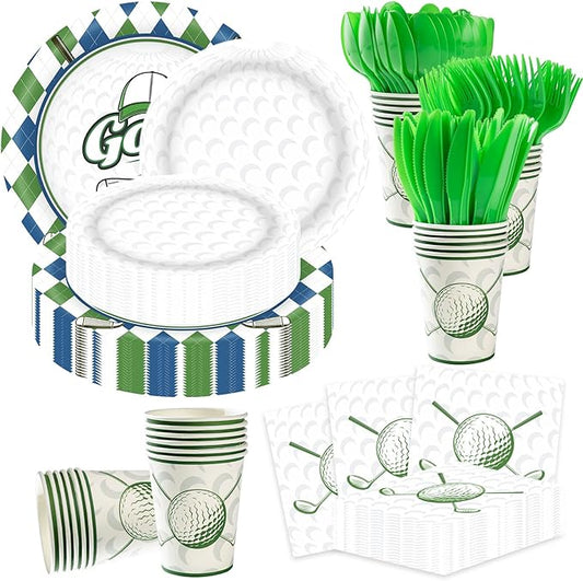 Golf Party Decorations Set for 50 Guests, 350 Pieces, Plates, Cups, Napkins, Cutlery, Green and White
