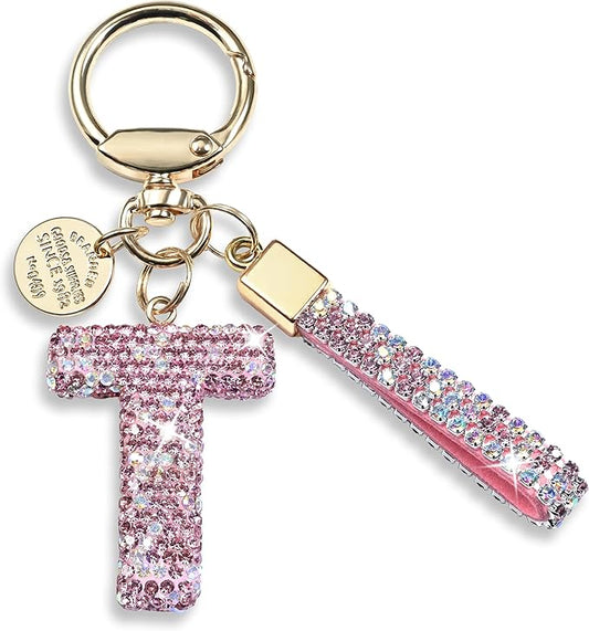 Pink Blue White Initial Letter Keychain Gift for Women Girls Bling Sparkly Cute Backpack Car Key Accessories Lanyard