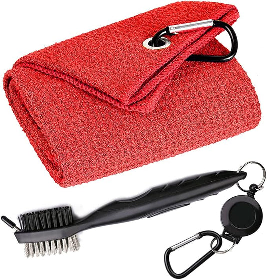 Golf Towels, Microfiber Waffle Pattern Tri-fold Golf Towel - Brush Tool Kit with Club Groove Cleaner, with Clip Men Women Golf Gifts (Red Towel+Black Brush)