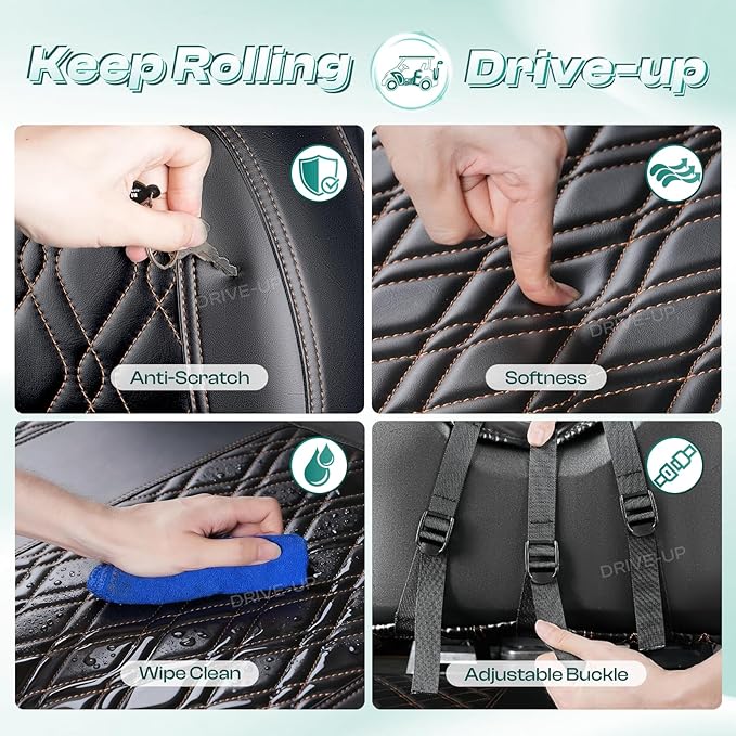 Drive-up Black Golf Cart PVC Seat Covers, EZGO TXT Leather Front Seat Covers with Brown Stitching, Diamond Cross Pattern, Adjustable Buckle