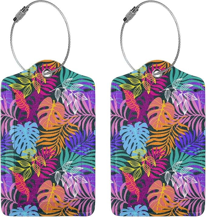 2PC Tropical Leaves Luggage Tags for Travel, Colorful Summer Scenery Suitcase Tag Privacy Name ID Card Quick to Find Out Travel Bag Labels for Holiday Honeymoon Wedding