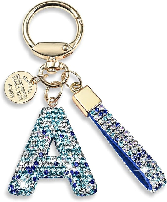 Pink Blue White Initial Letter Keychain Gift for Women Girls Bling Sparkly Cute Backpack Car Key Accessories Lanyard