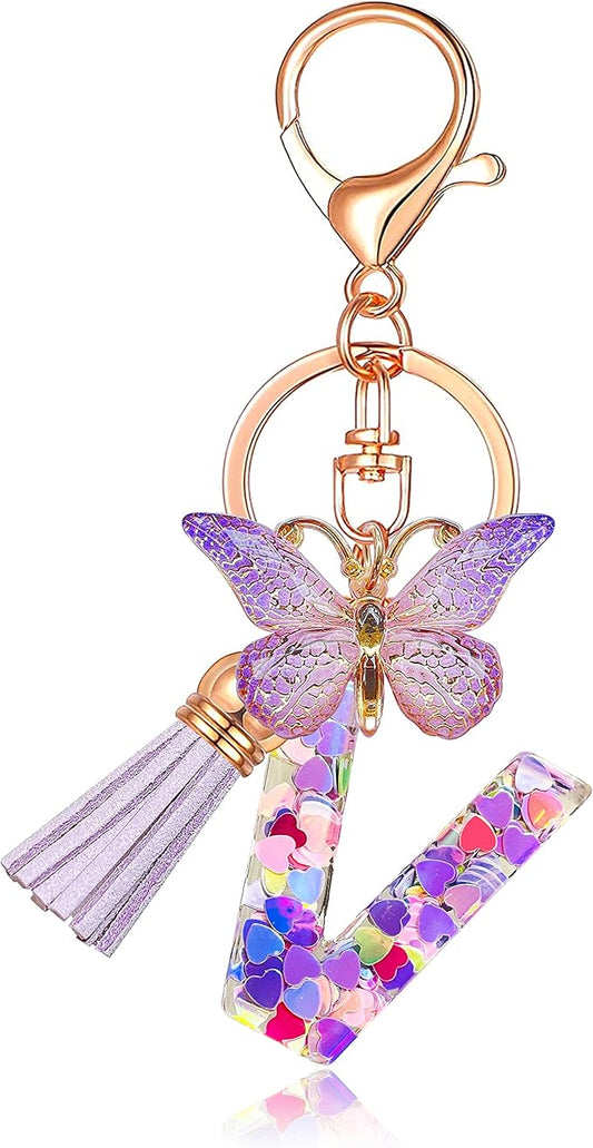 JINGUAZI Initial letter Keychains for Women Tassel Butterfly Pink Purple Cute Car Keychain for Wallet Backpack bag charm