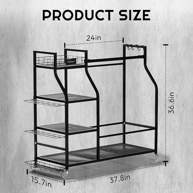 A11N SPORTS Golf Bag Stand for Garage with 4 Hooks & Club Holder, Golf Organizer for 2 Bags, Rolling Storage Rack with Wheels, Heavy-Duty All-Metal Frame