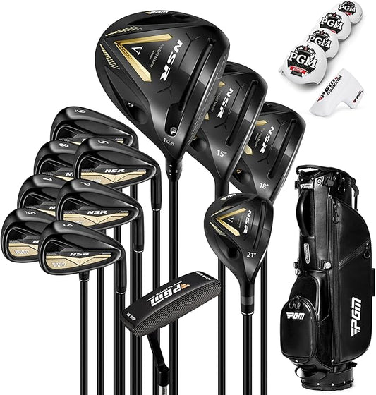 PGM NSR V 18 Piece Men's Complete Golf Club Sets - Adjustable Loft Titanium Driver (0.86 COR), Precision Weighted Fairway Woods, Forged Irons, CNC Milled Putter, with Stand Bag - Right Handed