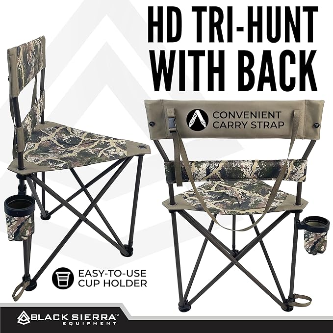 Black Sierra HD Tri-Hunt with Back Hunting Stool, Foldable Tripod Seat w/Steel Frame Supports 300 Lbs, Heavy Duty Fishing Chair Features Cup-Holder & Carry Shoulder Strap, for Camping