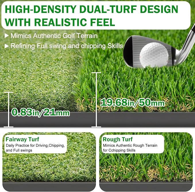 MONOJOY Golf Hitting Mat 5x4ft, Thick 31mm Artificial Turf Practice Mat with 6 Tees, Durable EVA Backing for Indoor | Outdoor Driving, Chipping & Swing Training