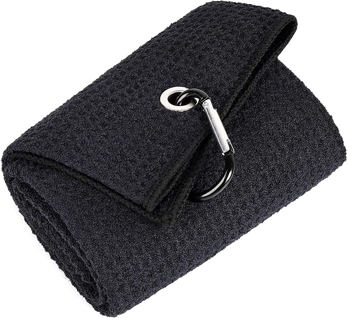 Mile High Life Tri-fold Golf Towel | 16" X 24" | Premium Microfiber Fabric | Waffle Pattern | with Heavy Duty Carabiner Clip | for Men and Women (Black)